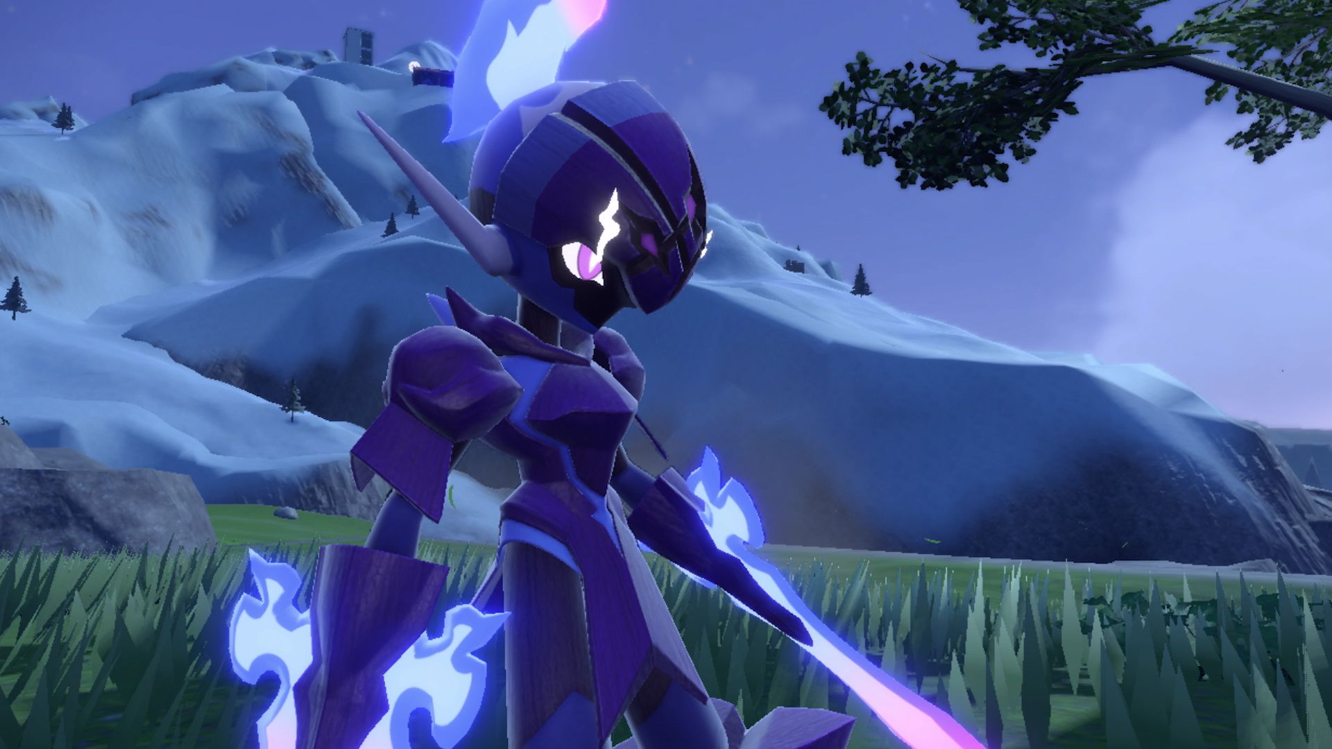 Version exclusive Pokémon Ceruledge standing in front of a mountain. It’s purple with swords for arms.
