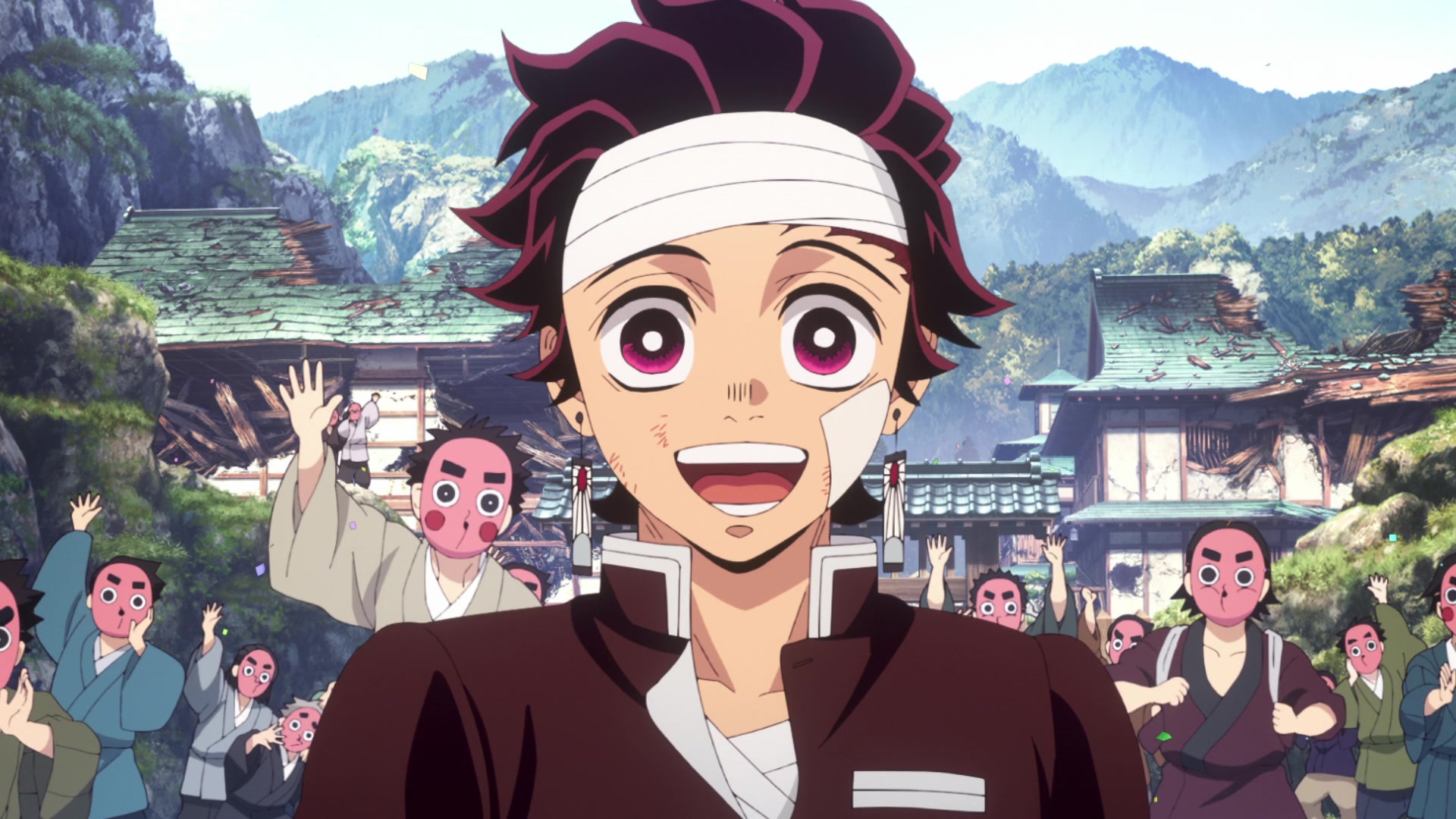 Tanjiro smiling with bandages on his brow and cheek in front of a group of villagers with masks on in Demon Slayer Kimetsu no Yaiba.