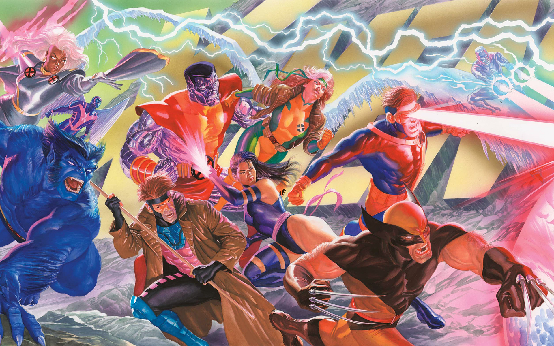 Wolverine, Cyclops, Psylocke, Gambit, Beast, Rogue, Storm and Colossus charge toward Magneto in artwork by Alex Ross interpreting Jim Lee’s 1991 X-Men #1 cover