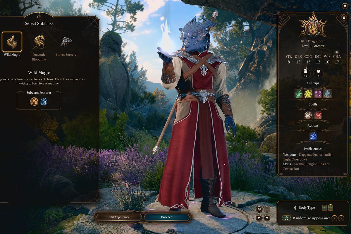 The character creator menu in Baldur’s Gate 3, showing a Blue Dragonborn selecting a subclass.
