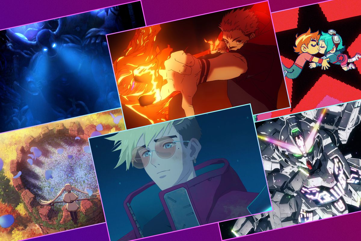 A six-panel header image featuring scenes from several anime that have premiered in 2023, including (L-R, Top to Bottom): Pluto, Jujutsu Kaisen, Scott Pilgrim Takes Off, Frieren: Beyond Journey’s End, Trigun Stampede, and Mobile Suit Gundam: The Witch from Mercury.