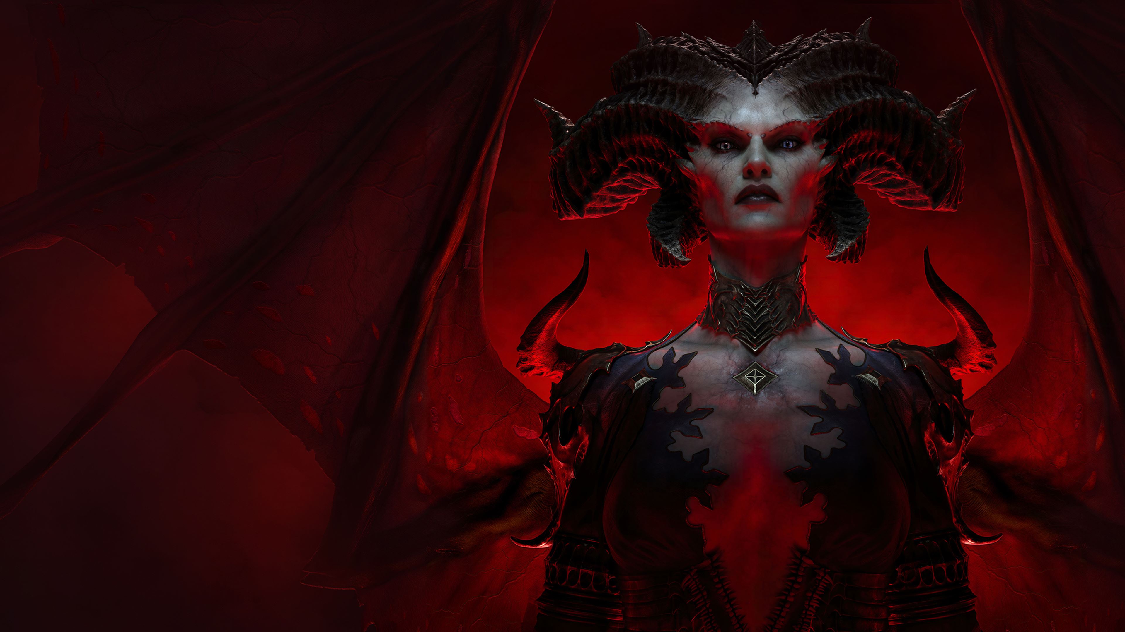Lilith stares angrily while standing in front of a blood red backdrop in key art for Diablo 4.