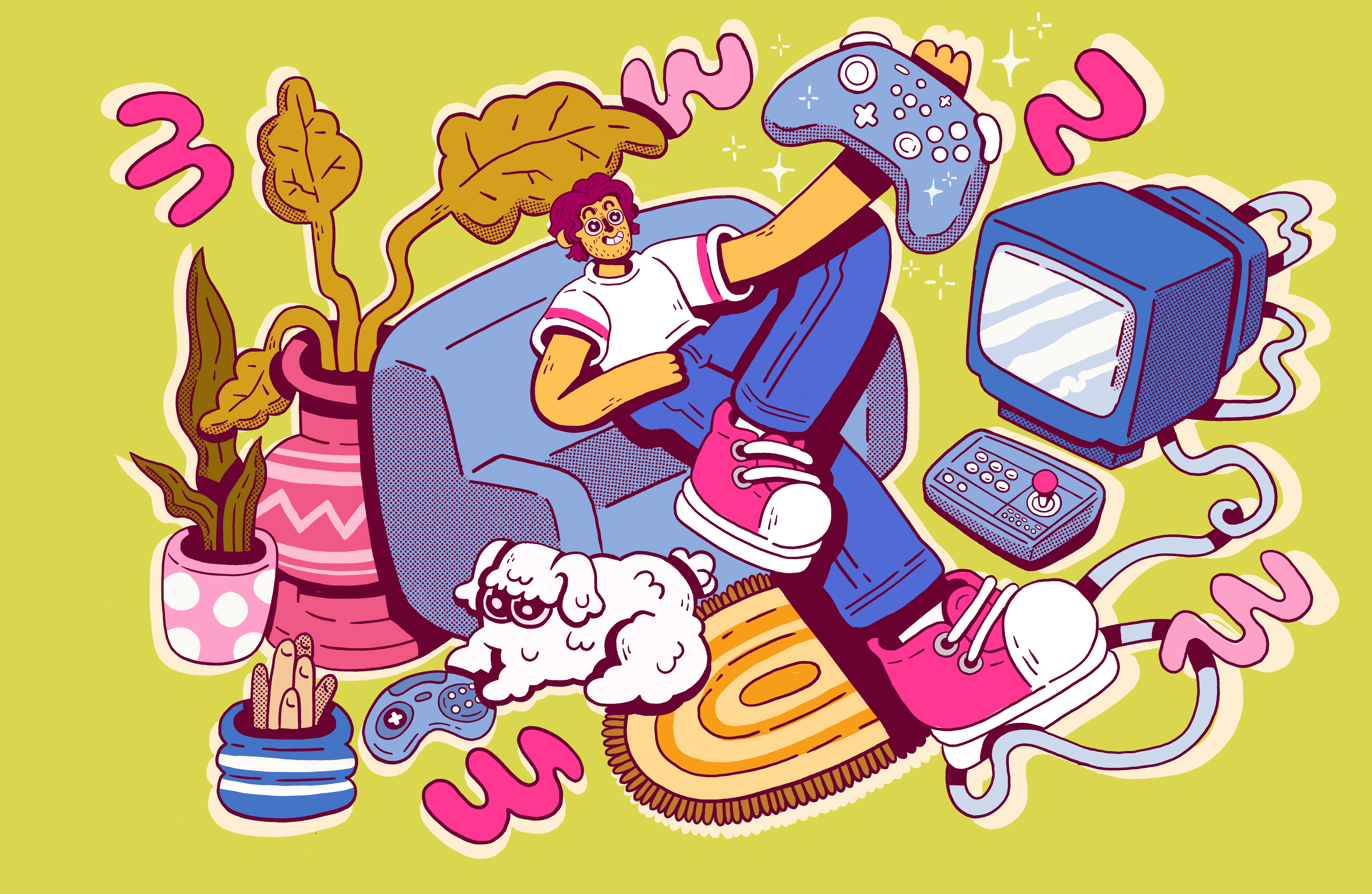 An illustration of a character sitting on a couch, holding up a controller. They are seated within a living room arrangement, surrounded by house plants, a dog, a rug, and a television. 