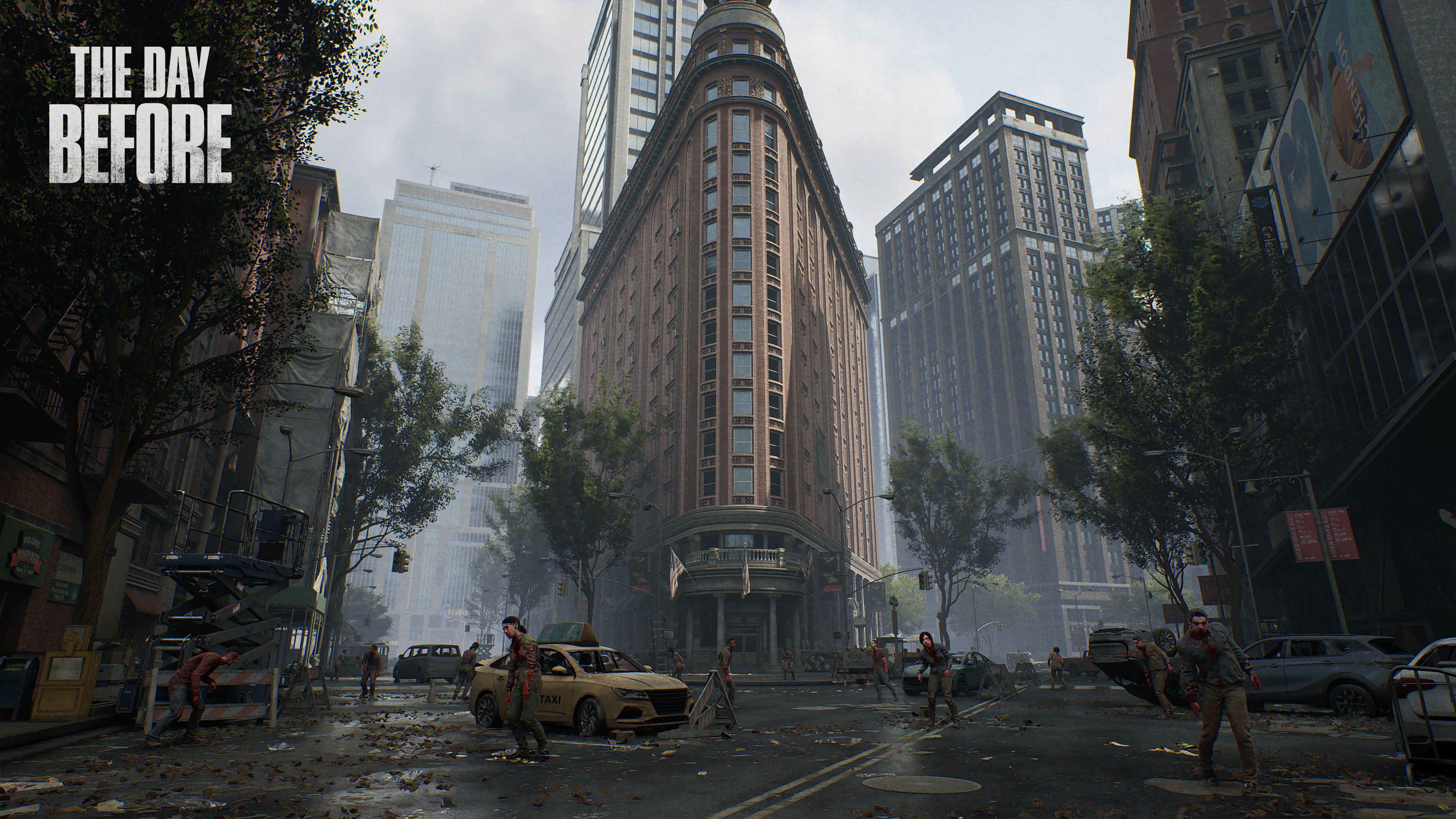A screenshot from The Day Before, showing a post-apocalyptic setting with city streets filled with shambling zombies and abandoned cars