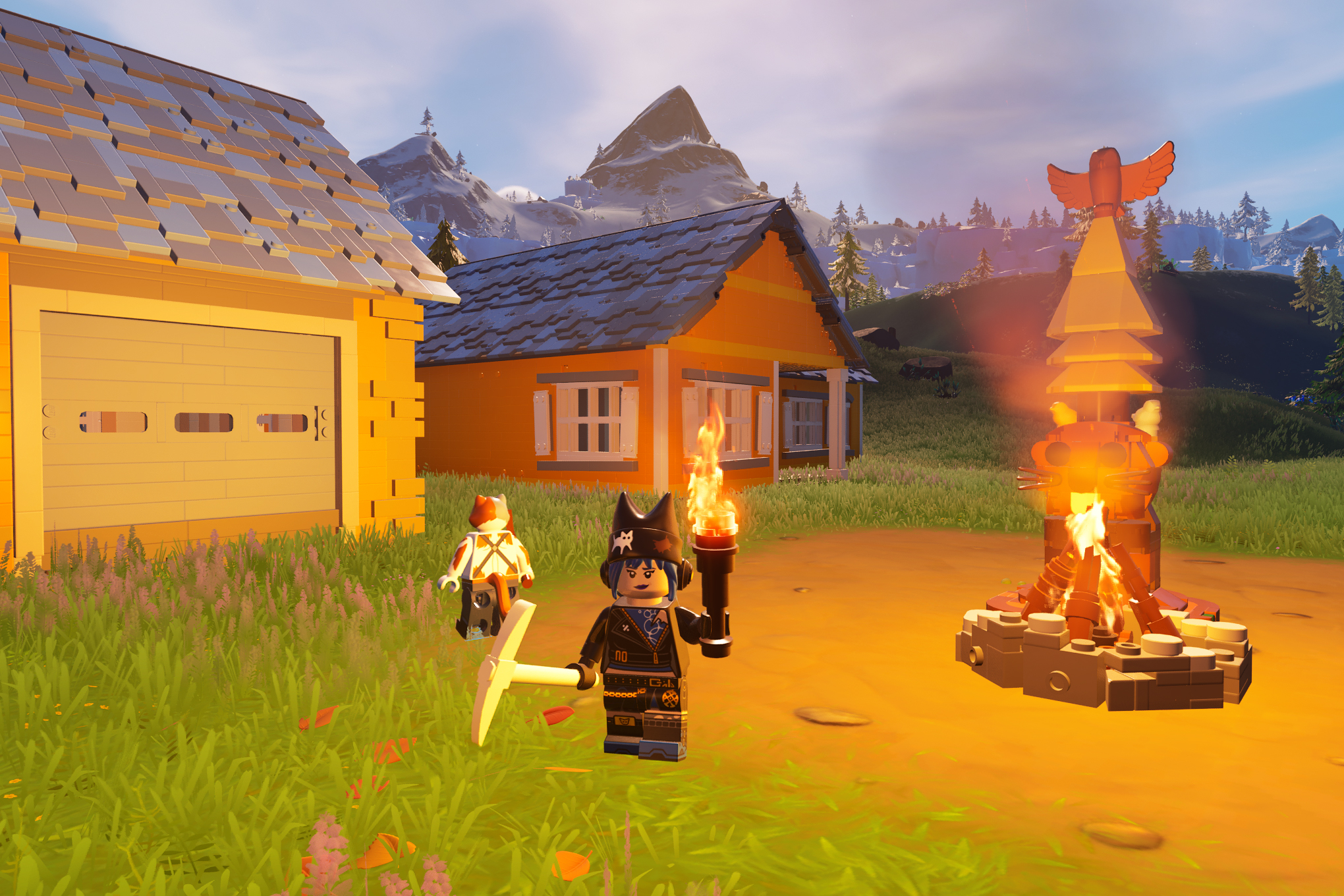 A Lego Fortnite character stands near a fire and village totem.