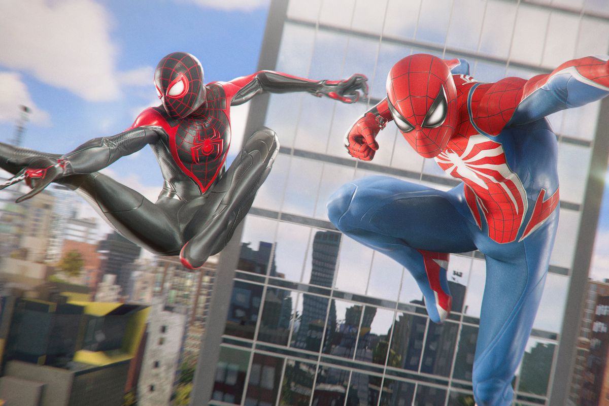 Peter Parker and Miles Morales, wearing their Spider-Man suits, swing through New York in Spider-Man 2