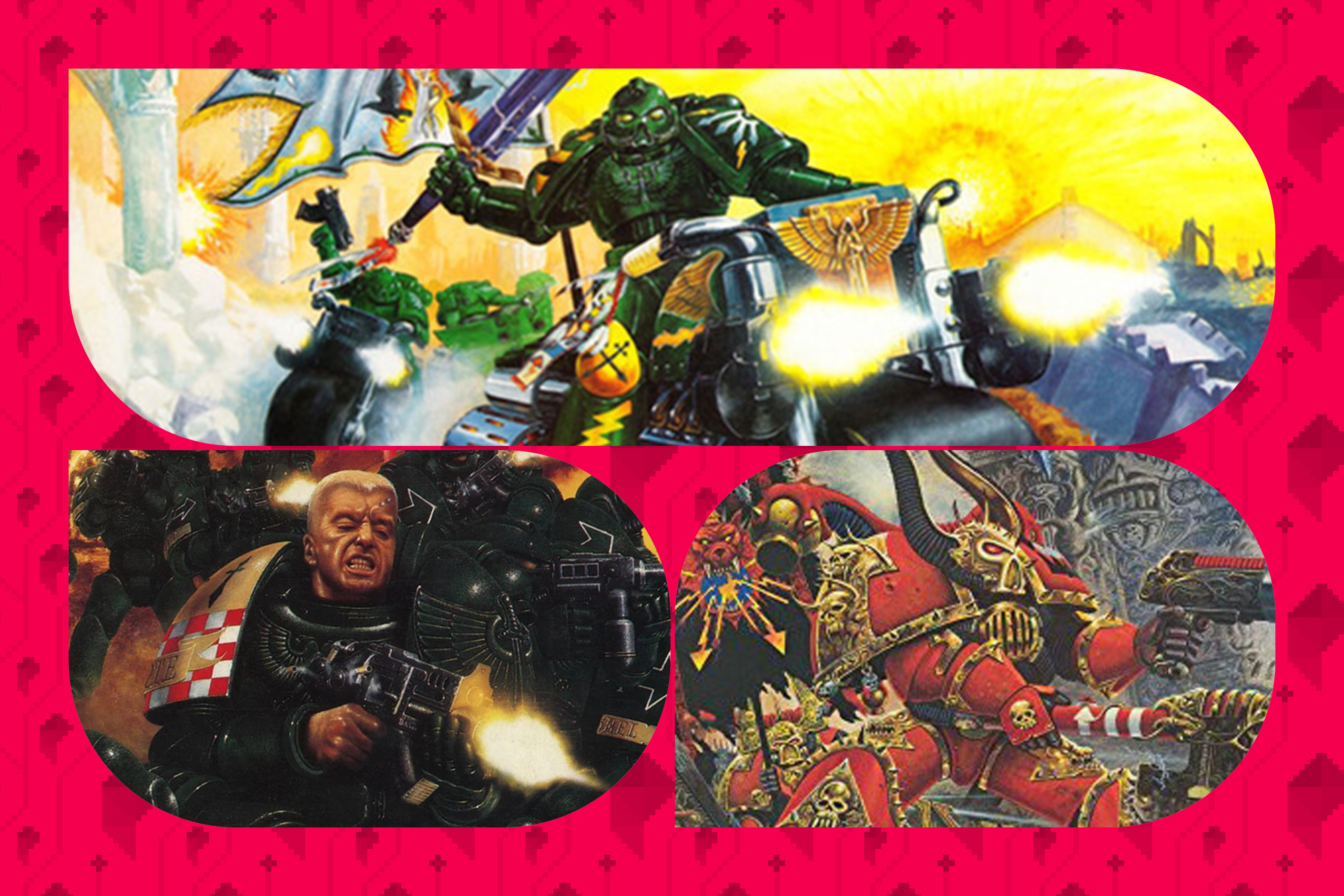 Three cover images from the ill-fated Warhammer records. They include a Dark Angels space Marine on a bike (Saxon), a Black Templar firing away with his bolt rifle (D-Rok) and a Chaos Space Marine atop a mound firing his plasma pistol (Wraith).
