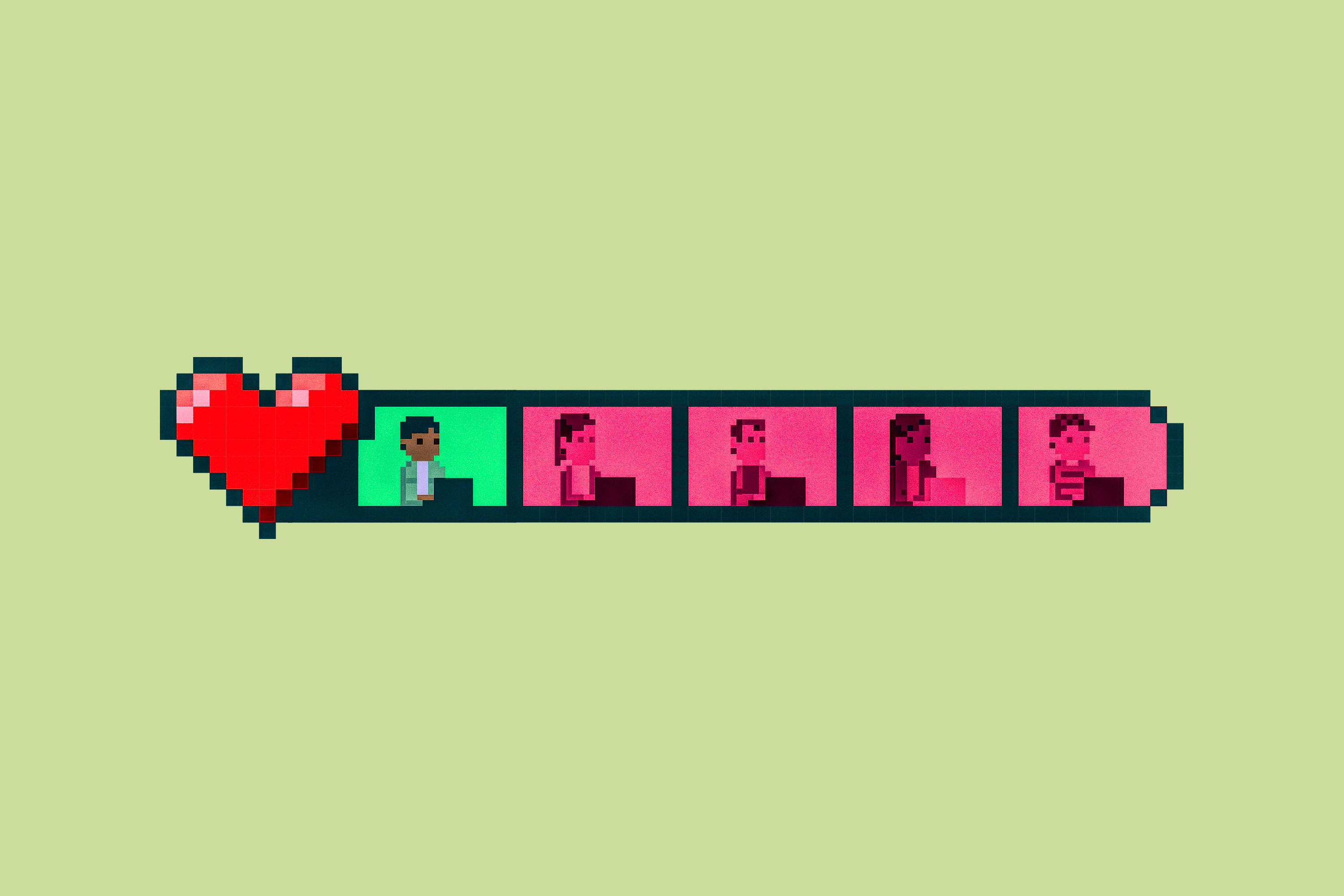 An illustration of a pixel video game health bar with a heart followed by pixel people.