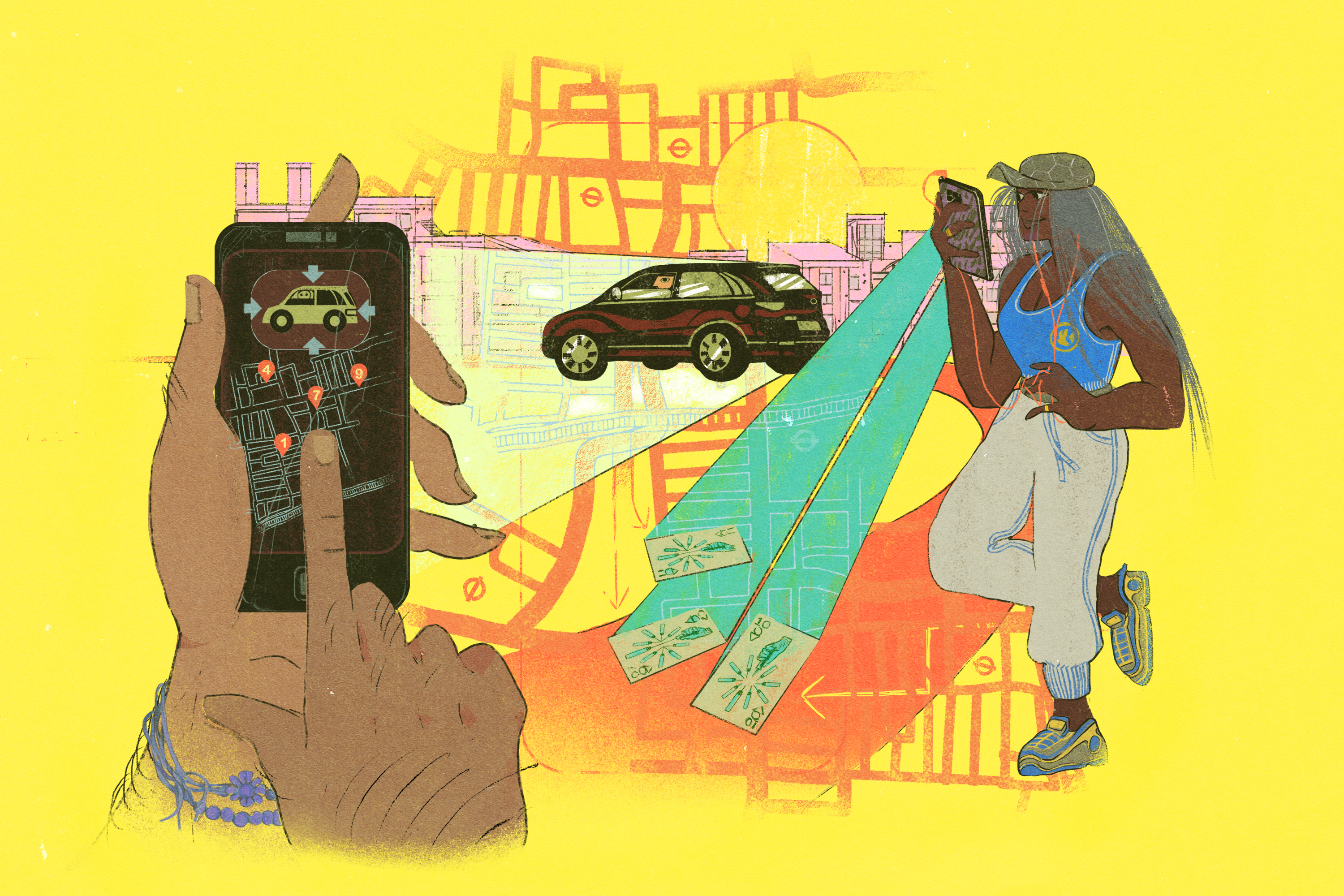 An original illustration shows a player using their phone to track an actor in a car and search for hidden cards in London in Niantic and Punchdrunk’s game codenamed Hamlet.