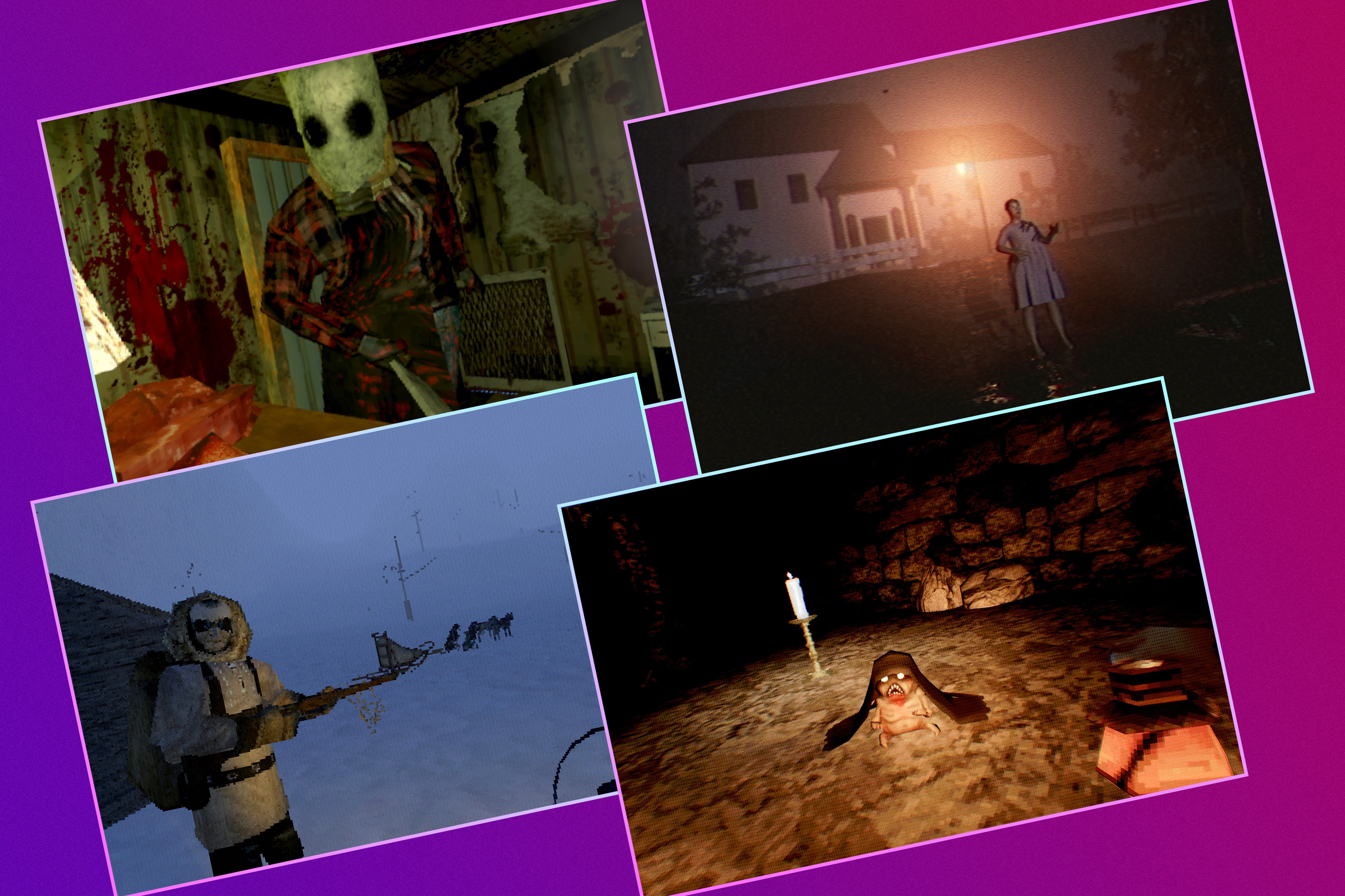 A four-panel image featuring screenshots from games including Stay Out of the House, Mothered, That Which Gave Chase, and Helltown.