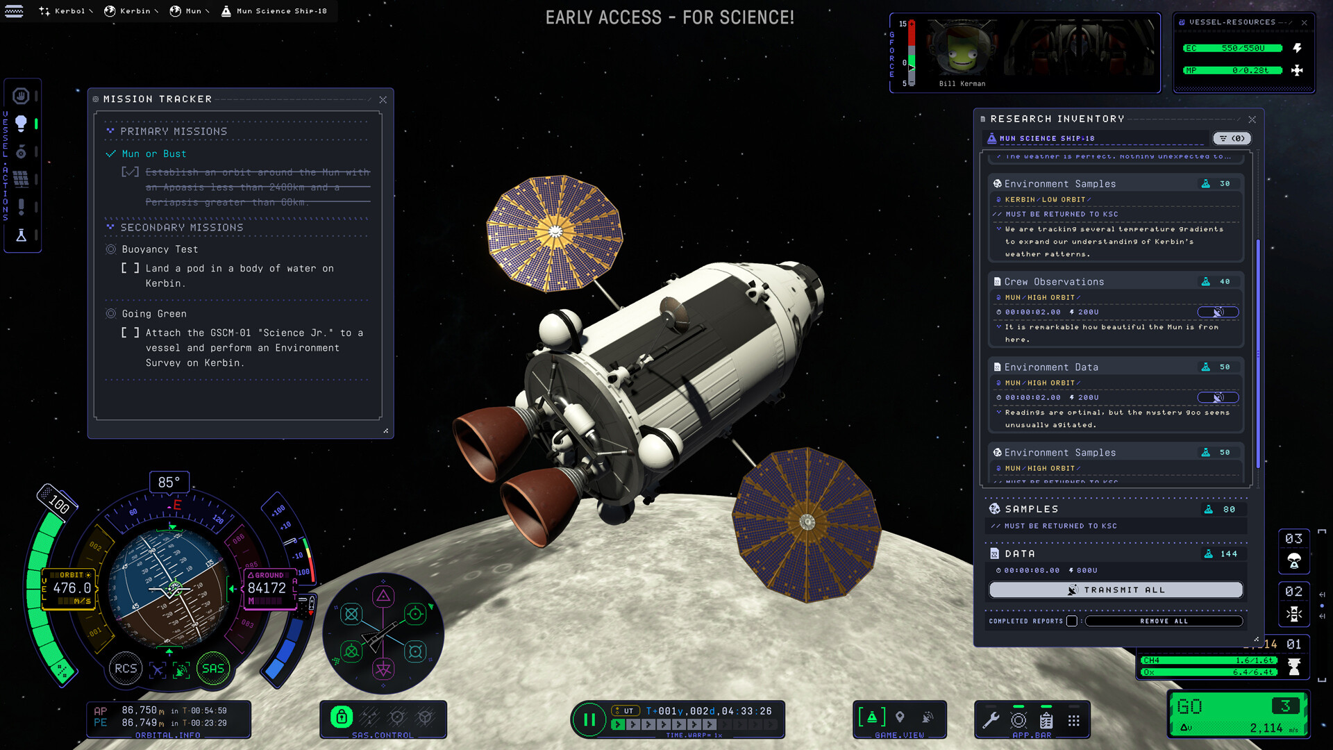 A screenshot of a craft in orbit in Kerbal Space Program 2