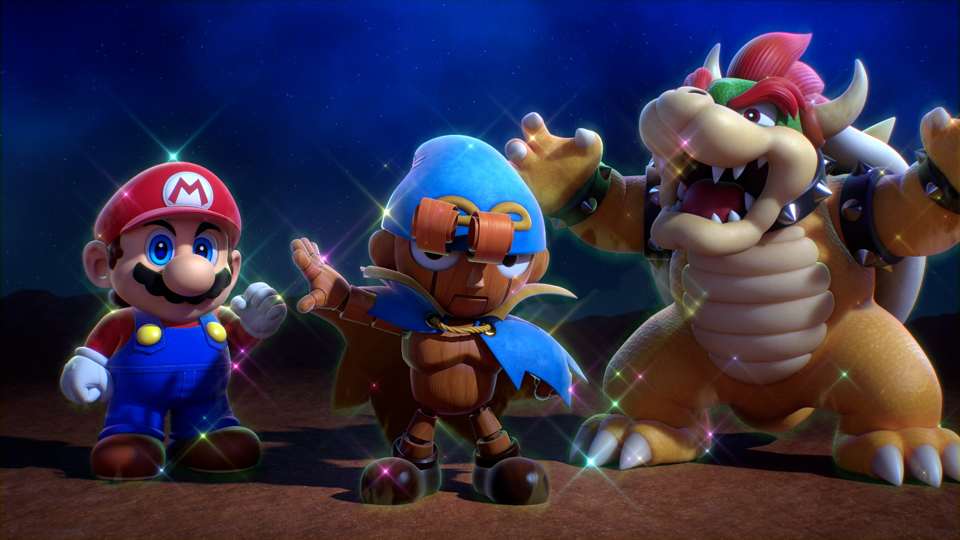 Mario, Geno, and Bowser stand in a line while sparkling in Super Mario RPG