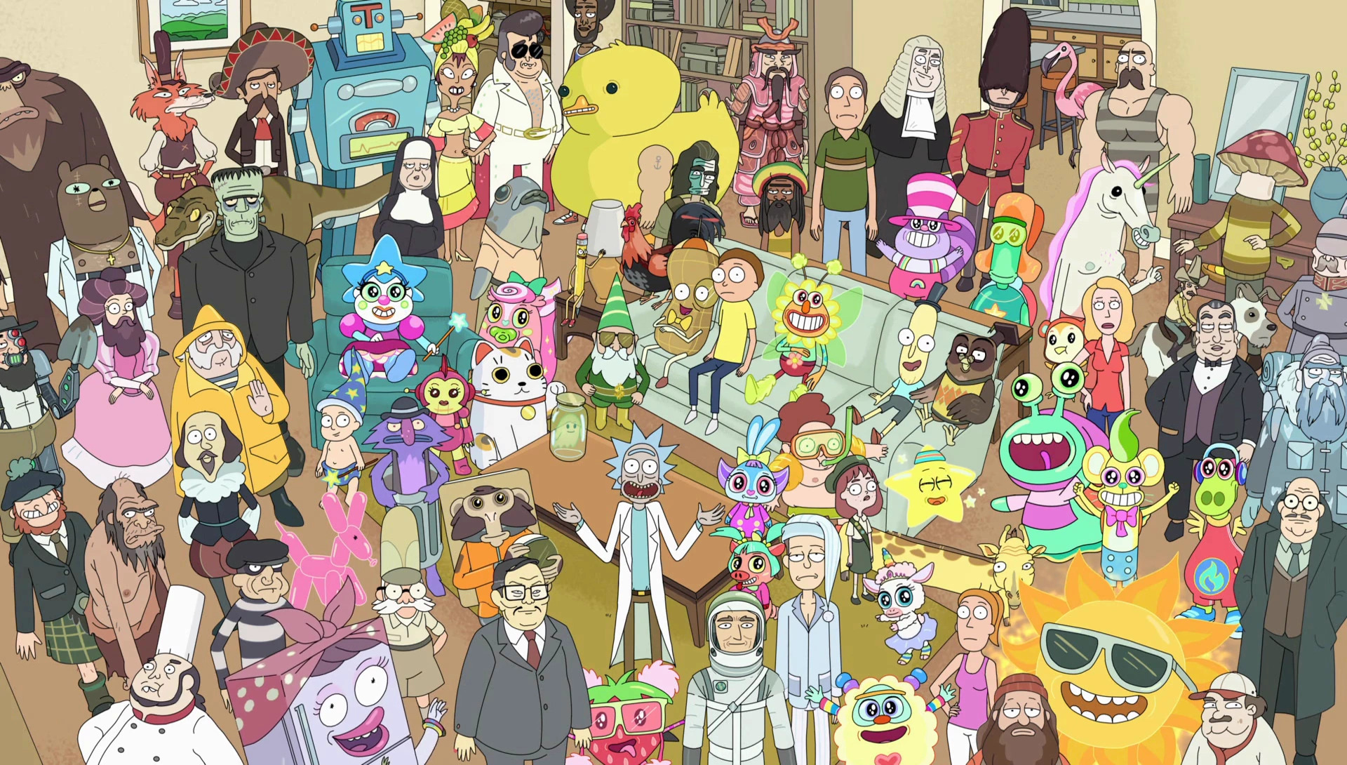 (L-R) Rick, Morty, and the Smith family standing in their living room surrounded by a cast of colorful characters in Rick and Morty.