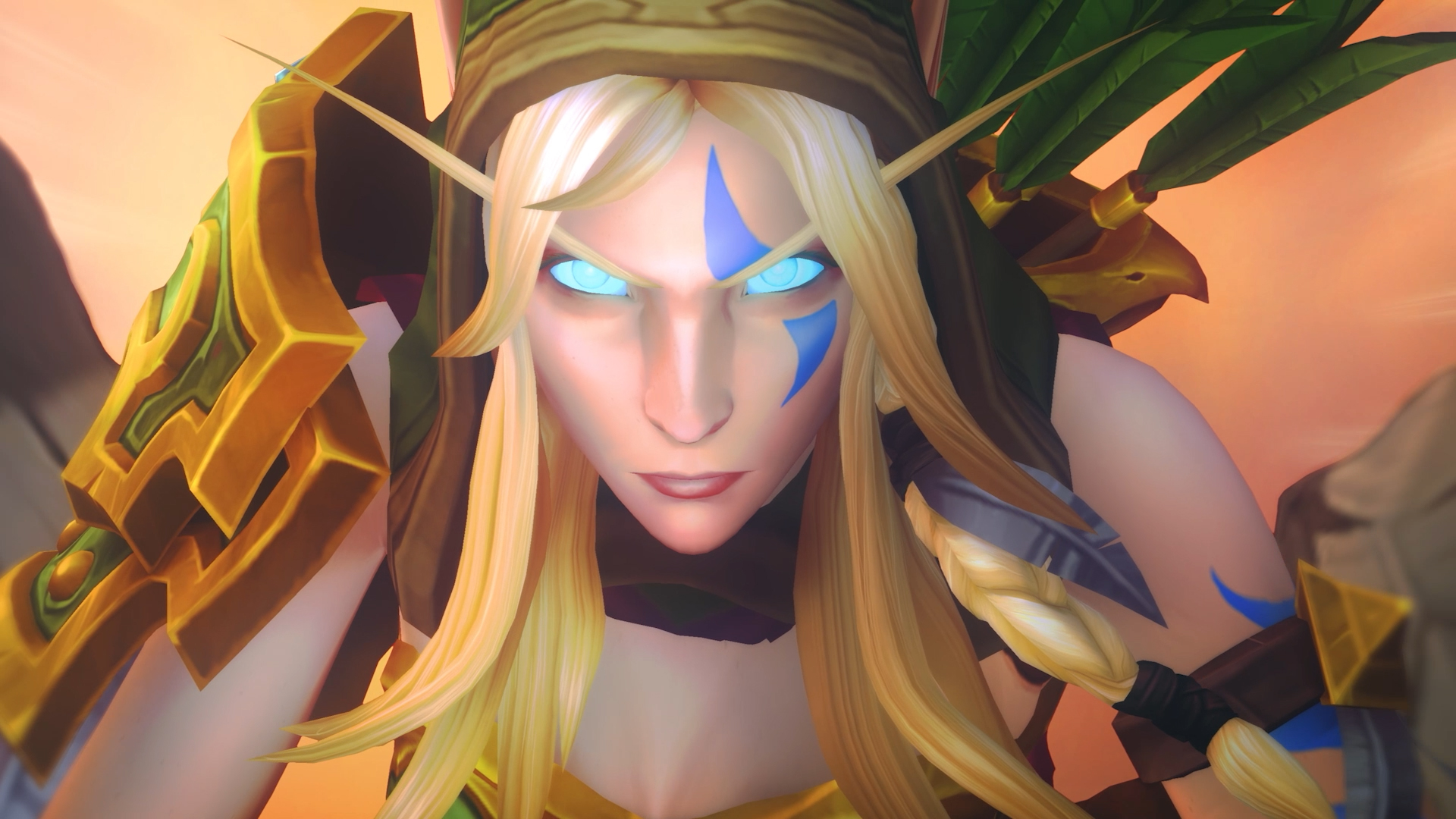 Alleria Windrunner, a World of Warcraft elf, looks determined as she hunches down to focus on something. 