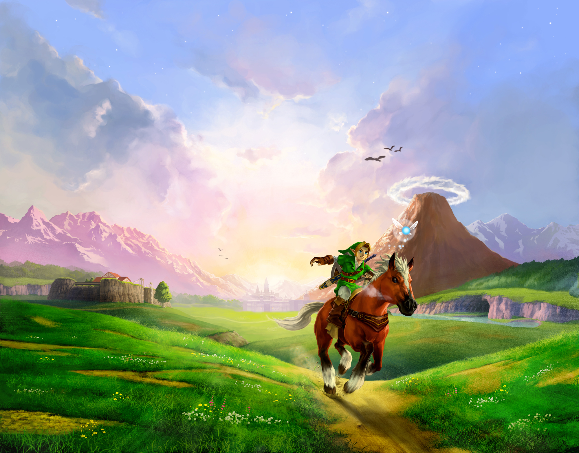Zelda: Ocarina of Time artwork showing Link riding his horse across Hyrule Field, a sunrise, Hyrule Town, Lon Lon Ranch and Death Mountain behind him