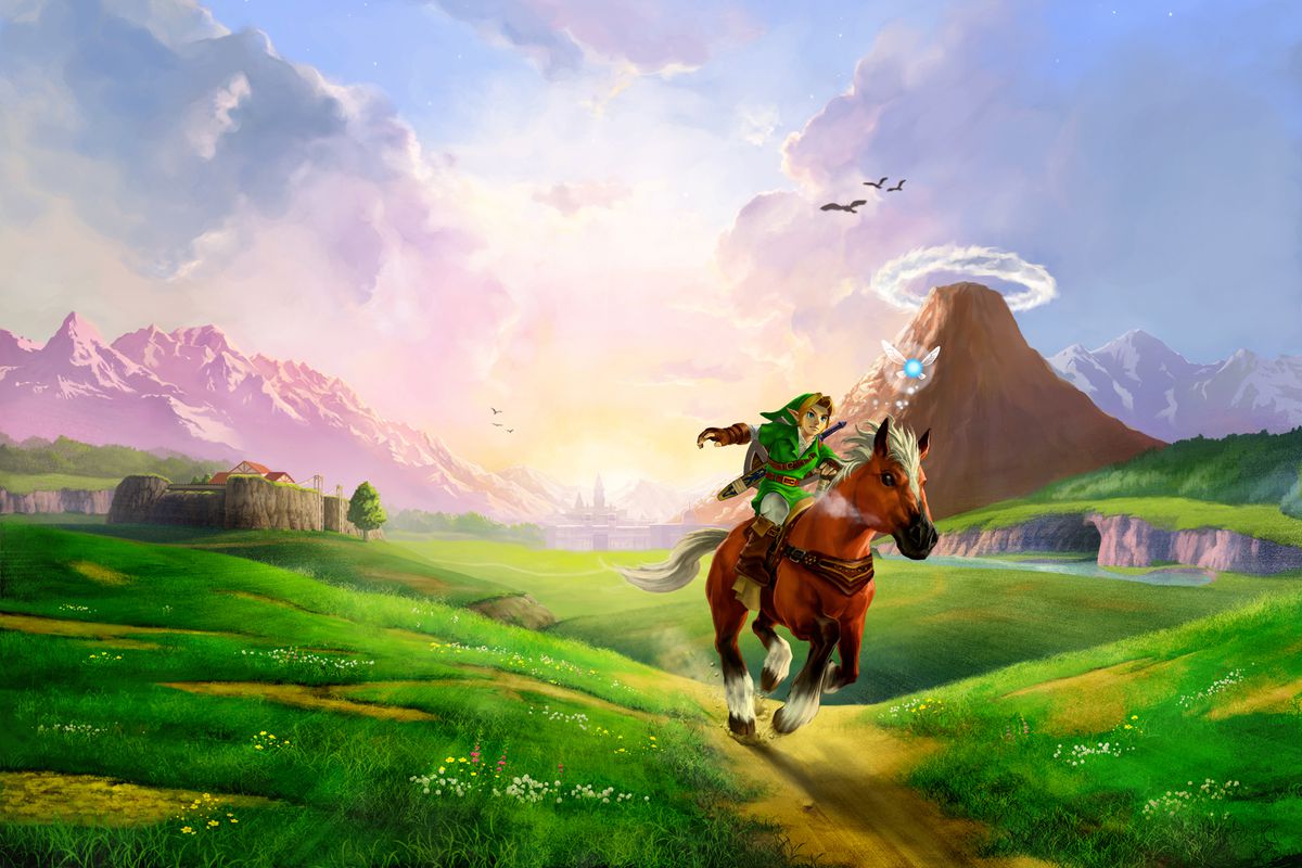 Zelda: Ocarina of Time artwork showing Link riding his horse across Hyrule Field, a sunrise, Hyrule Town, Lon Lon Ranch and Death Mountain behind him