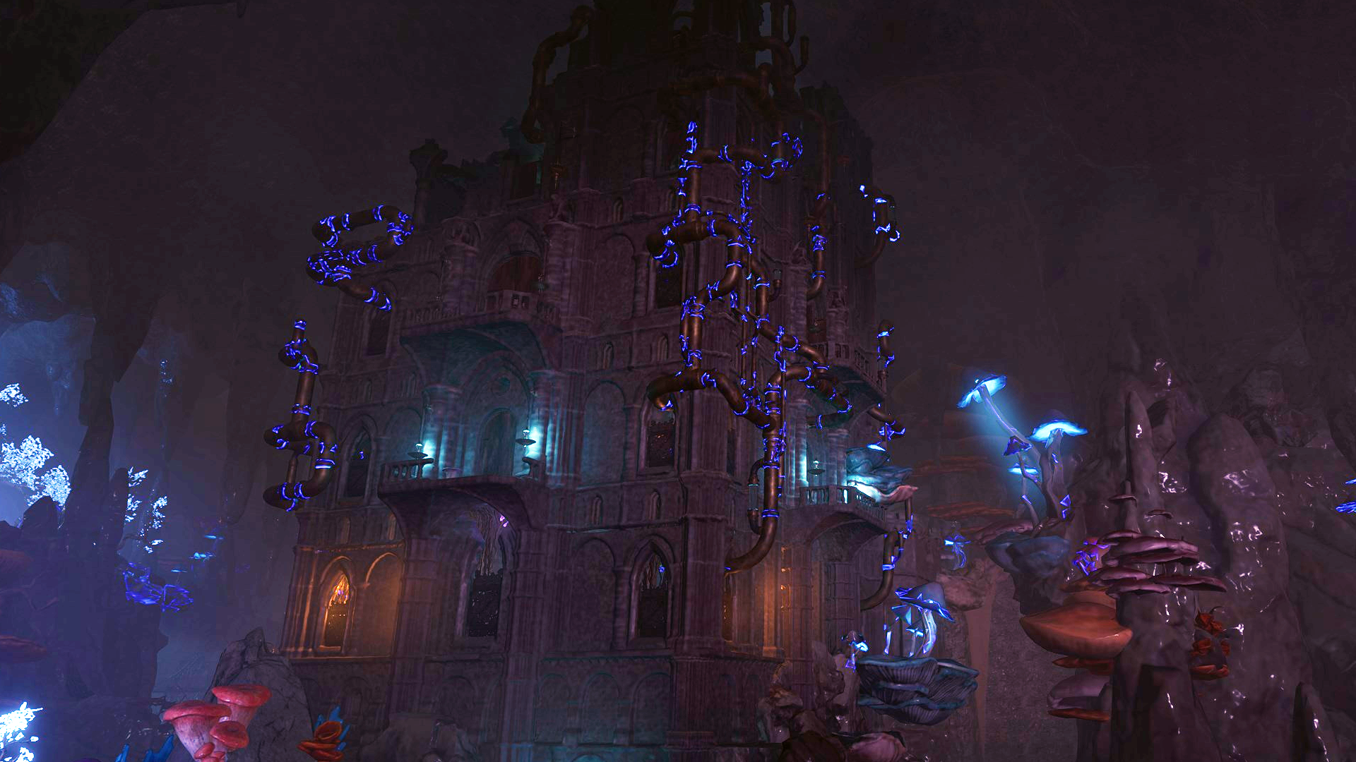 The elevator in the Arcane Tower looms over a cavern in BG3.