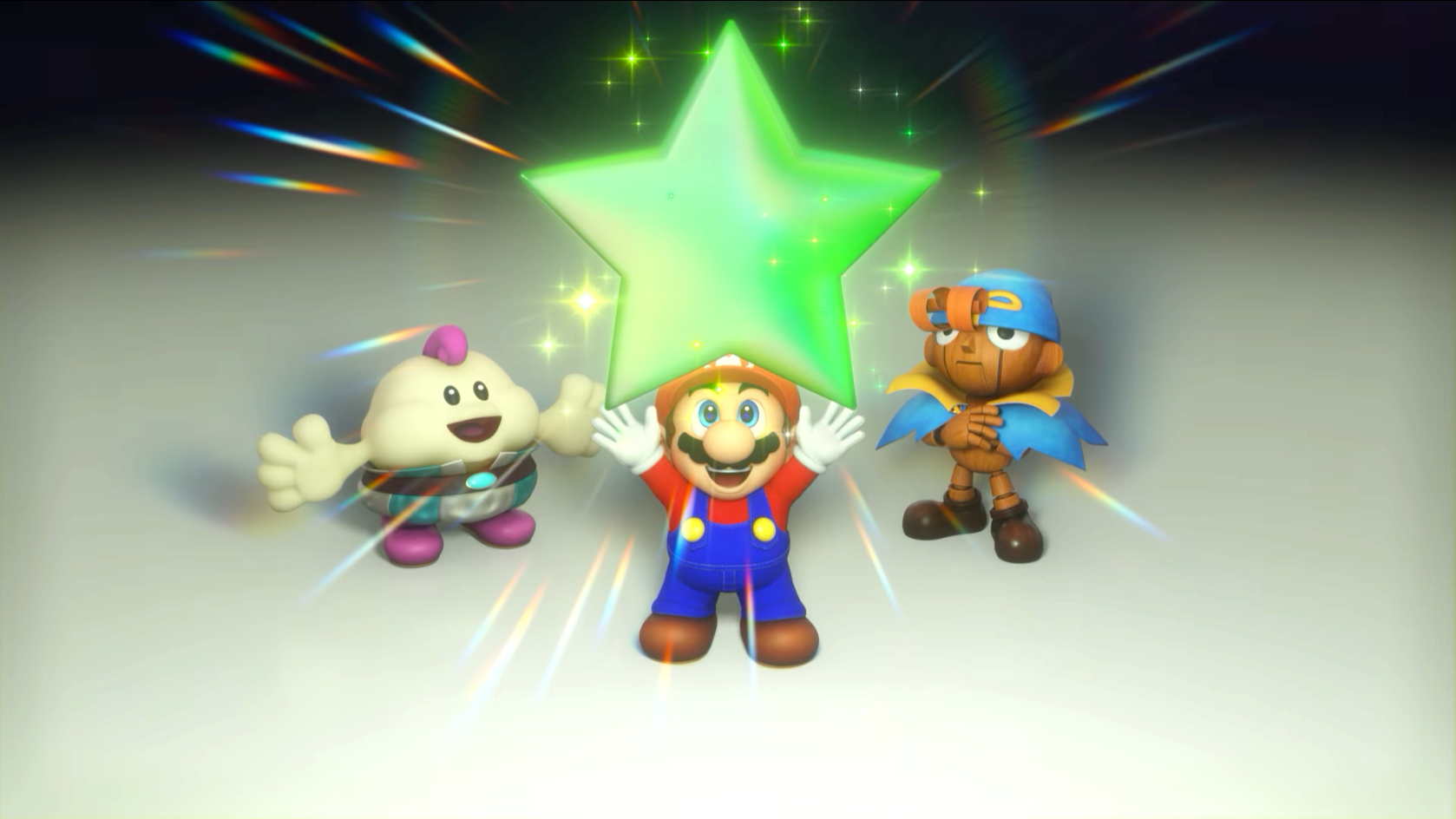 Mario, Mallow, and Geno celebrate getting a green star in Super Mario RPG