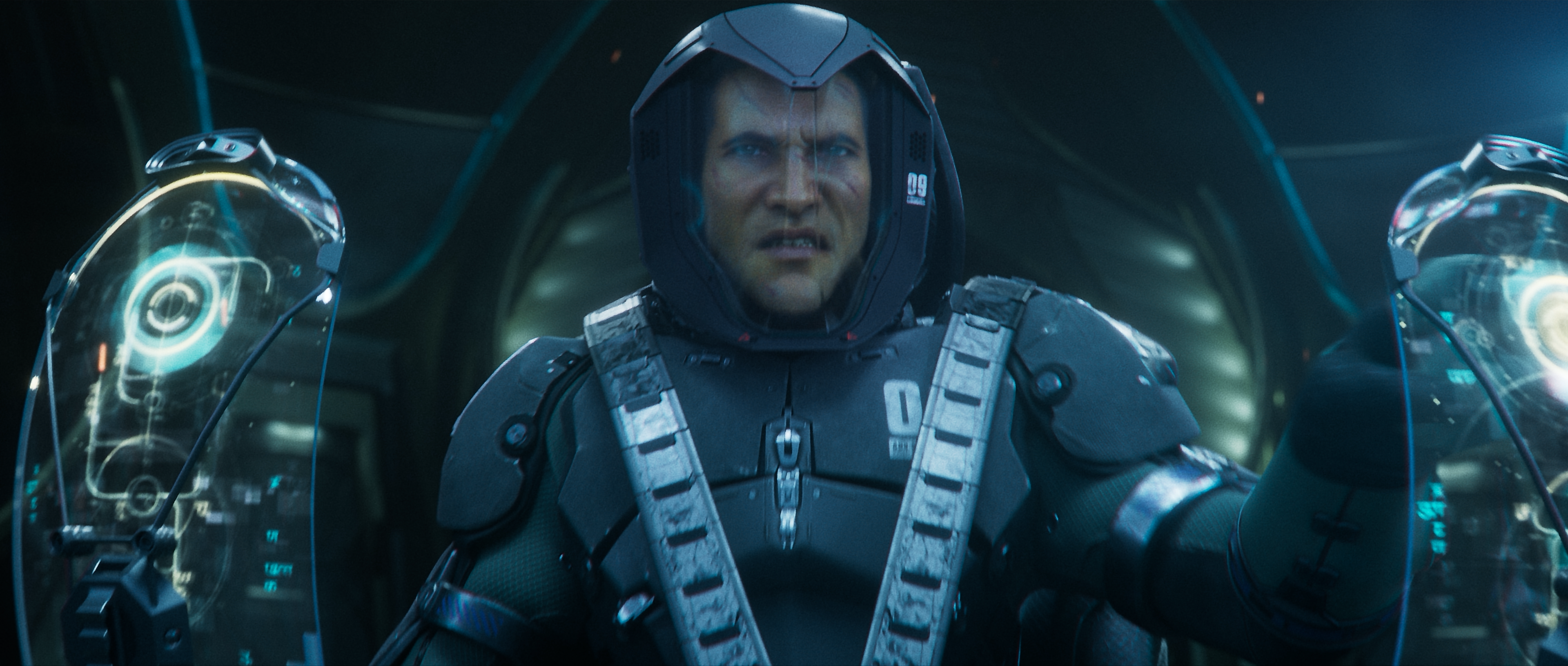 The protagonist of Exodus braces himself in a drop pod as it falls from a spaceship